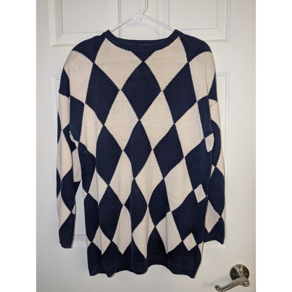Vintage 90s Illustrations Argyle Sweater L Navy Cream Ramie Cotton Grandpacore